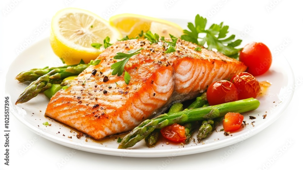 Fried salmon with asparagus, lemon, and tomatoes on white Fried salmon with asparagus, lemon, and tomatoes on white