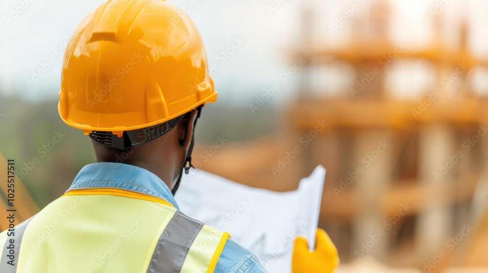 An engineer wearing a hard hat and safety vest, holding a blueprint and standing in front of a bridge under construction An engineer wearing a hard hat and safety vest, holding a blueprint and standing in front of a bridge under construction