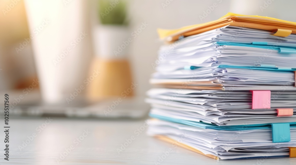 An insurance claim form being processed, with a stack of documents and a computer in the background