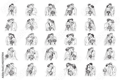 Bundle Line Art Romantic wedding couple kissing Illustration Hand Drawn Clipart