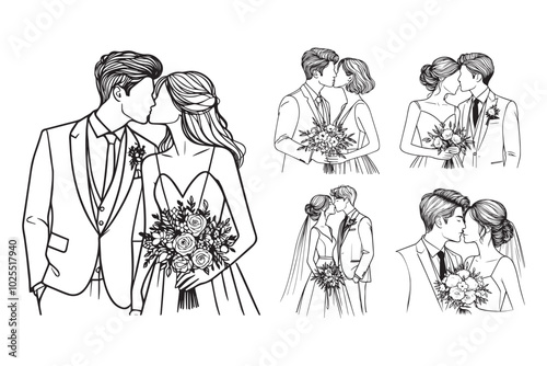 A hand-drawn line art illustration of a romantic couple kissing at their wedding