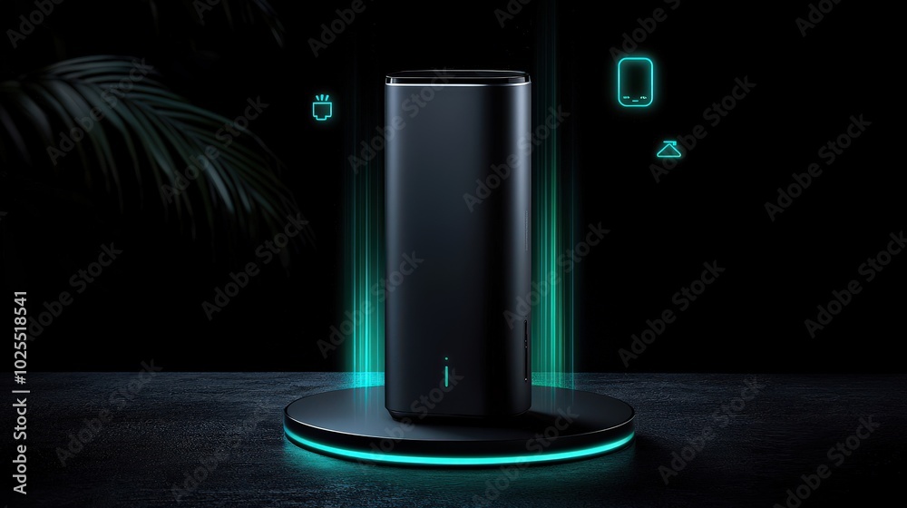 Modern Black Device with Futuristic Glow in Dark Setting Modern Black Device with Futuristic Glow in Dark Setting