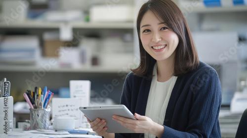 Smiling Asian businesswoman holding a digital tablet in a bright office environment