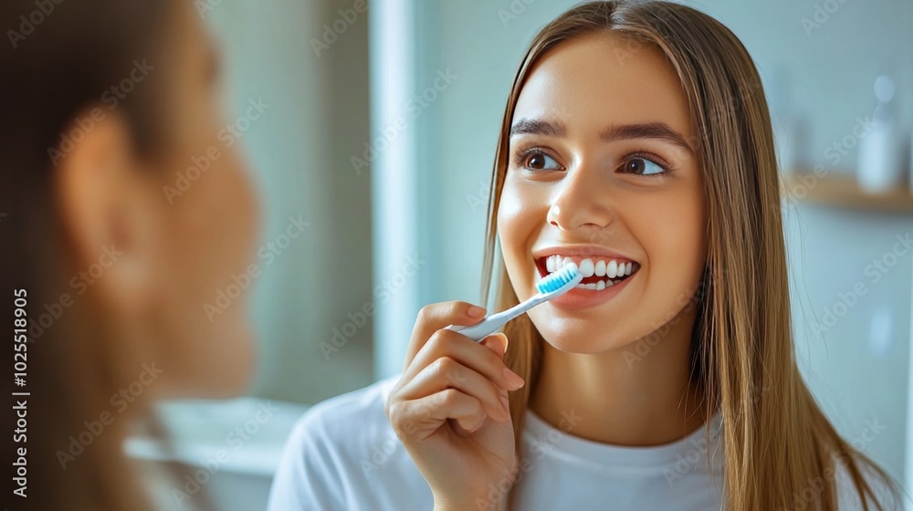 Dental hygiene and health promoted by woman brushing teeth. Dental hygiene and health promoted by woman brushing teeth.