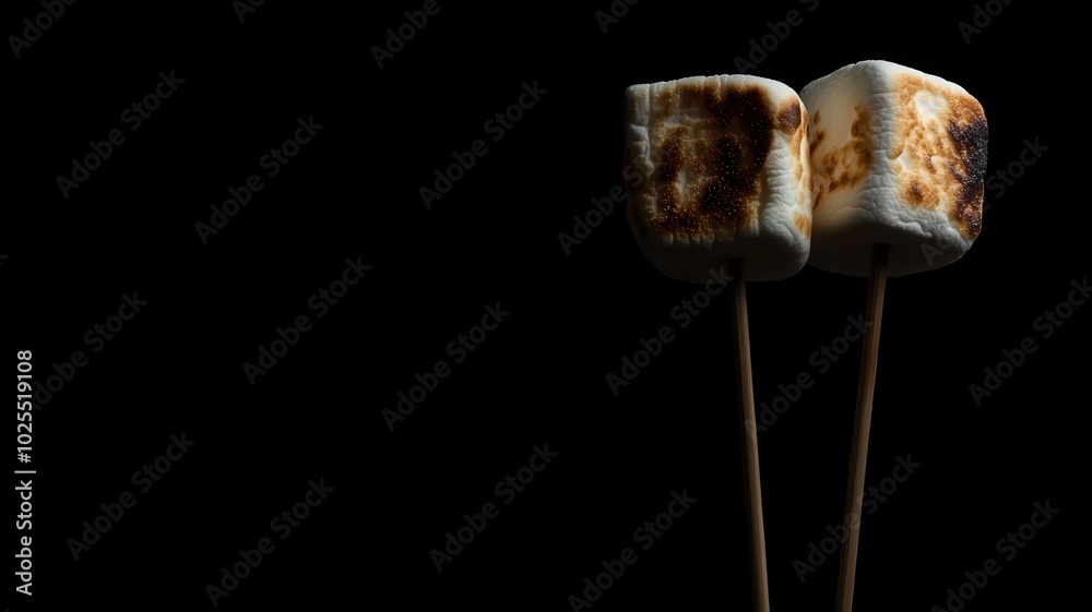 Roasted marshmallows on sticks isolated on black background,Sticks with Grilled marshmallows,snack at campfire vacation in winter season,copy space.