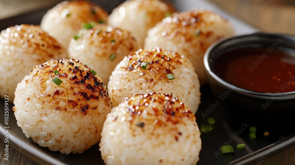 Grilled Rice Balls with Dipping Sauce on a Plate Grilled Rice Balls with Dipping Sauce on a Plate