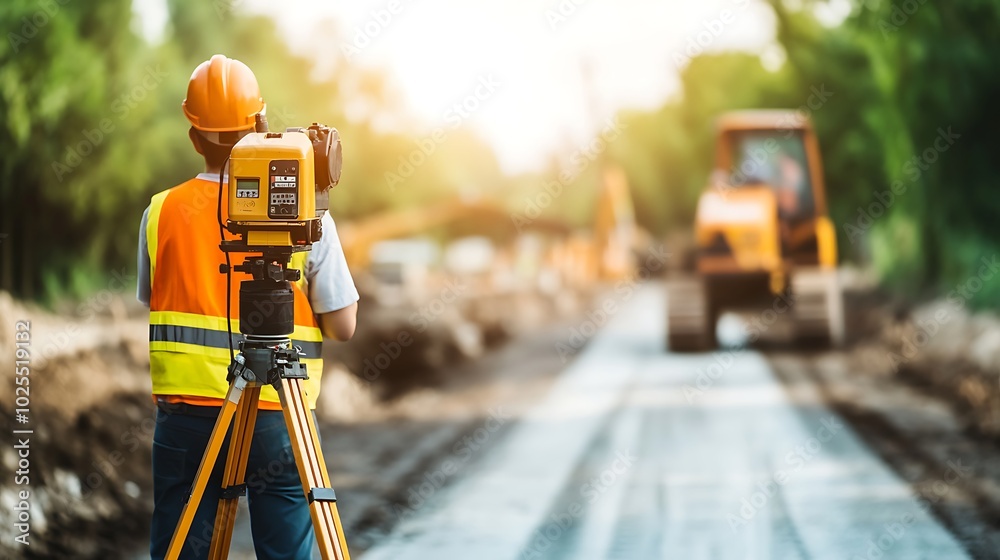 Construction Worker Using Surveying Equipment Construction Worker Using Surveying Equipment