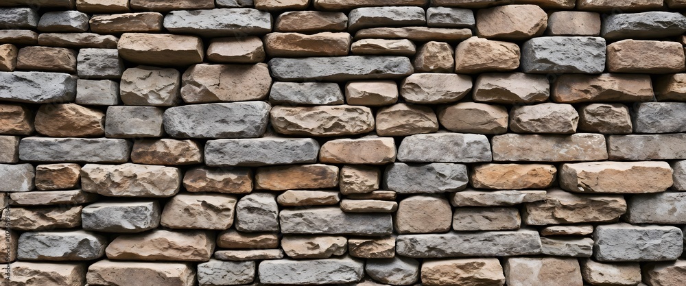 Fototapeta premium Close-up of a rustic stone wall showcasing various textures and earth tones. Masonry concept. Perfect for backgrounds or illustrating construction materials