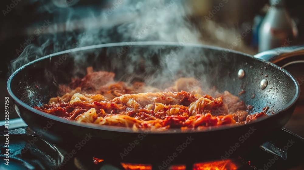 Cooking Delicious Kimchi in a Pan with Steam Rising Cooking Delicious Kimchi in a Pan with Steam Rising