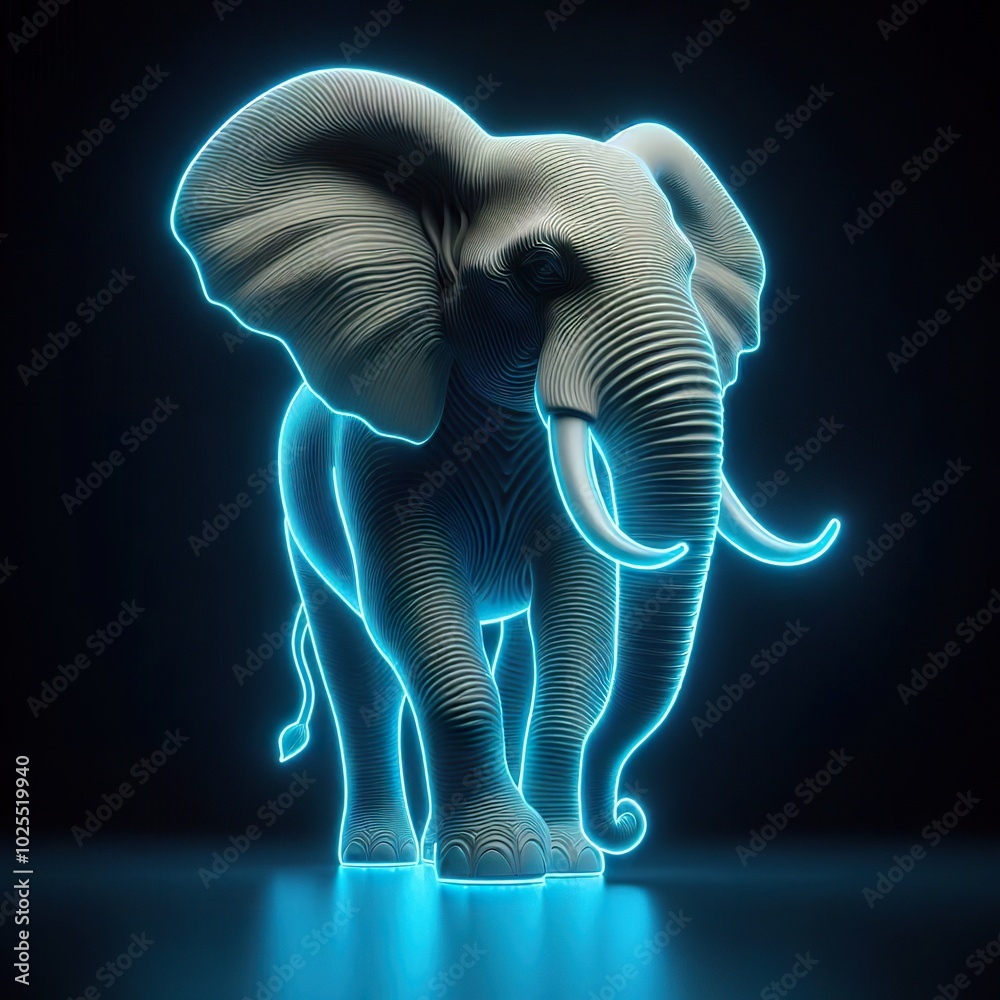 A Beautiful elephant on a black background. 3D rendering. Neon lights A Beautiful elephant on a black background. 3D rendering. Neon lights