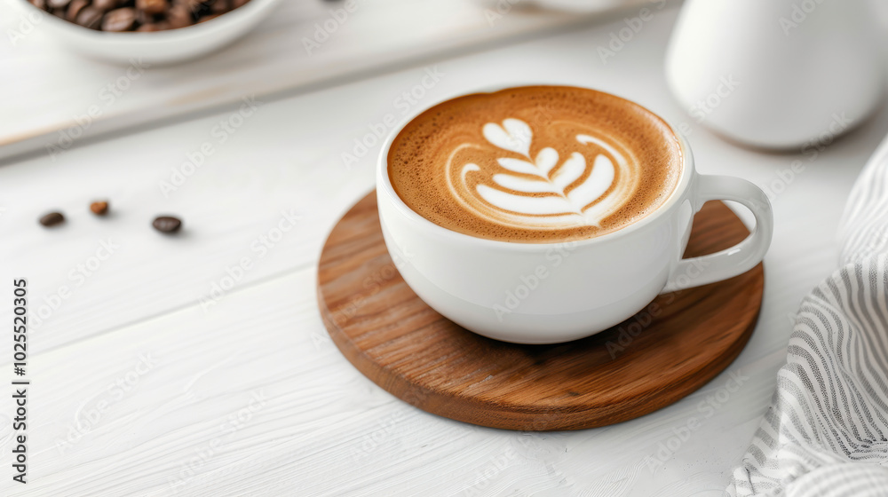 close up of latte art in white cup on wooden coaster, surrounded by coffee beans and cozy atmosphere. This captures warmth and comfort of coffee moment