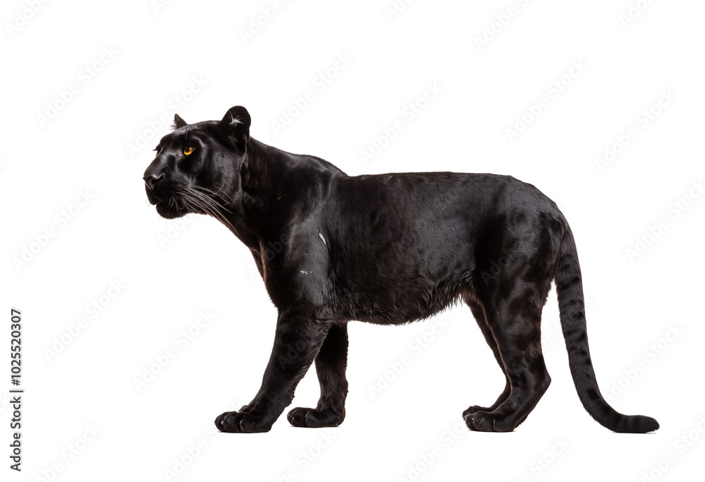 Obraz premium Black Panther Standing on Transparent Background with Yellow Eyes