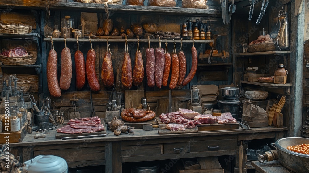 Rustic Meat Display in Old-Fashioned Butcher Shop Rustic Meat Display in Old-Fashioned Butcher Shop