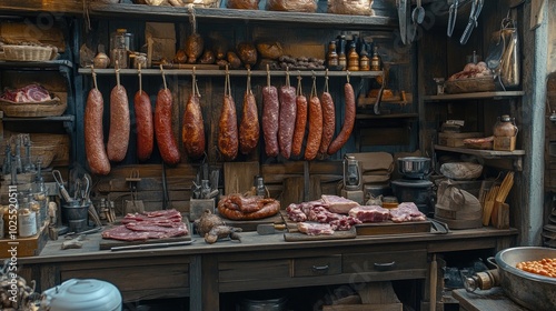 Rustic Meat Display in Old-Fashioned Butcher Shop