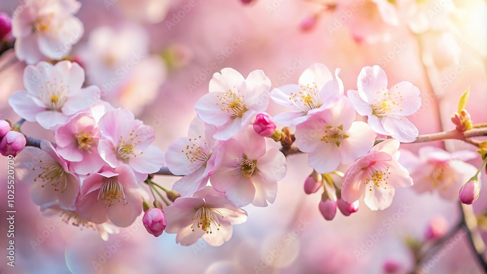 Delicate spring blossoms in extreme close-up with soft pink petals and gentle sunlight Delicate spring blossoms in extreme close-up with soft pink petals and gentle sunlight