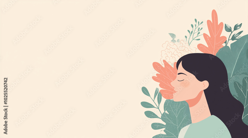A calming illustration depicts a woman harmonizing with nature, showcasing the connection between mental health and the natural environment, copy space A calming illustration depicts a woman harmonizing with nature, showcasing the connection between mental health and the natural environment, copy space