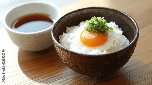 Fresh Egg on Rice with Sauce in Rustic Bowl