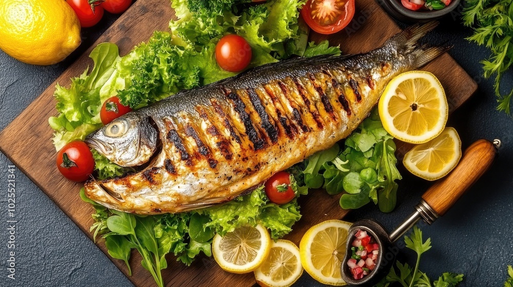 Grilled Fish with Fresh Vegetables and Lemon Slices Grilled Fish with Fresh Vegetables and Lemon Slices
