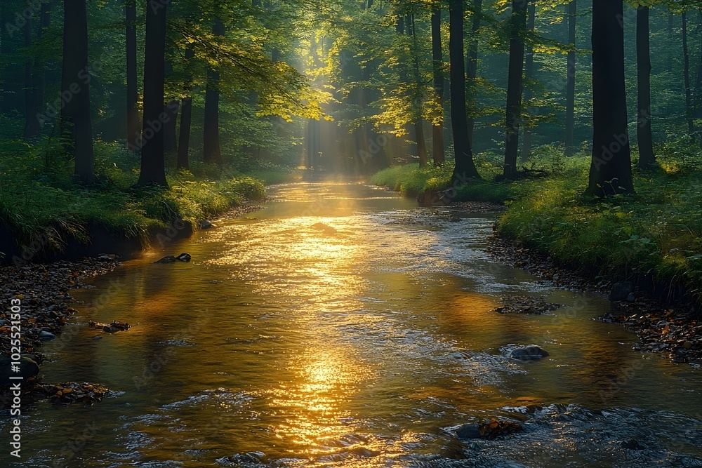 Naklejka premium Sunlight filters through the trees, illuminating a tranquil river winding through a lush green forest.