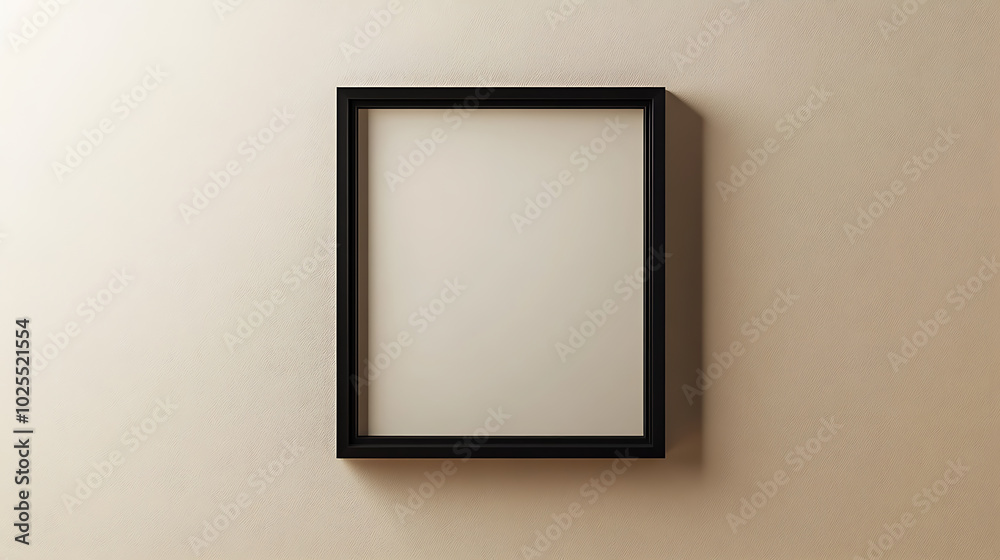 A black picture frame hangs on a beige wall. A black picture frame hangs on a beige wall.