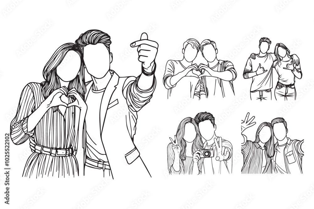 Fototapeta premium Line Art Happy Friendship Pose Photo with Sign Gesture Art Black and White Illustration Hand Drawn Clipart