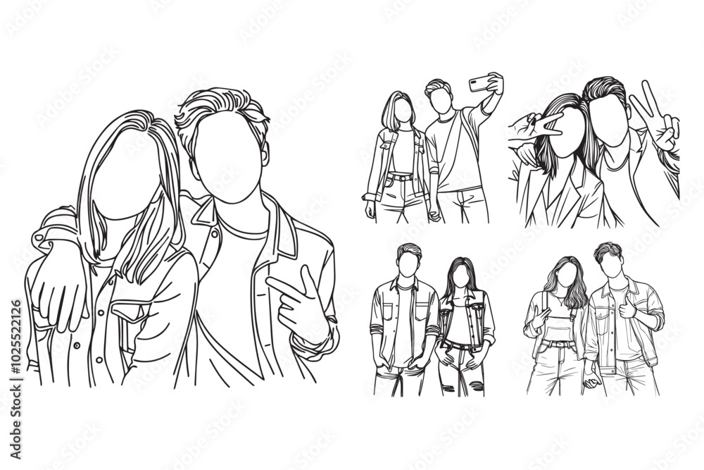 Illustration of a happy friendship scene featuring sign gestures in line art style Illustration of a happy friendship scene featuring sign gestures in line art style