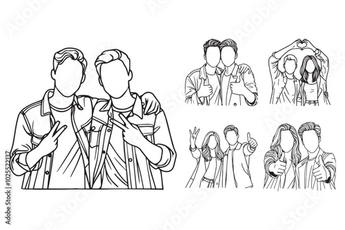 A hand-drawn line art illustration of friends posing happily with sign gestures