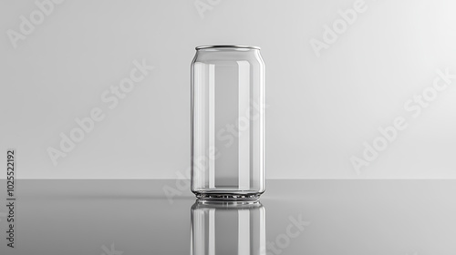A clear, empty aluminum can sits on a reflective surface against a white backdrop.