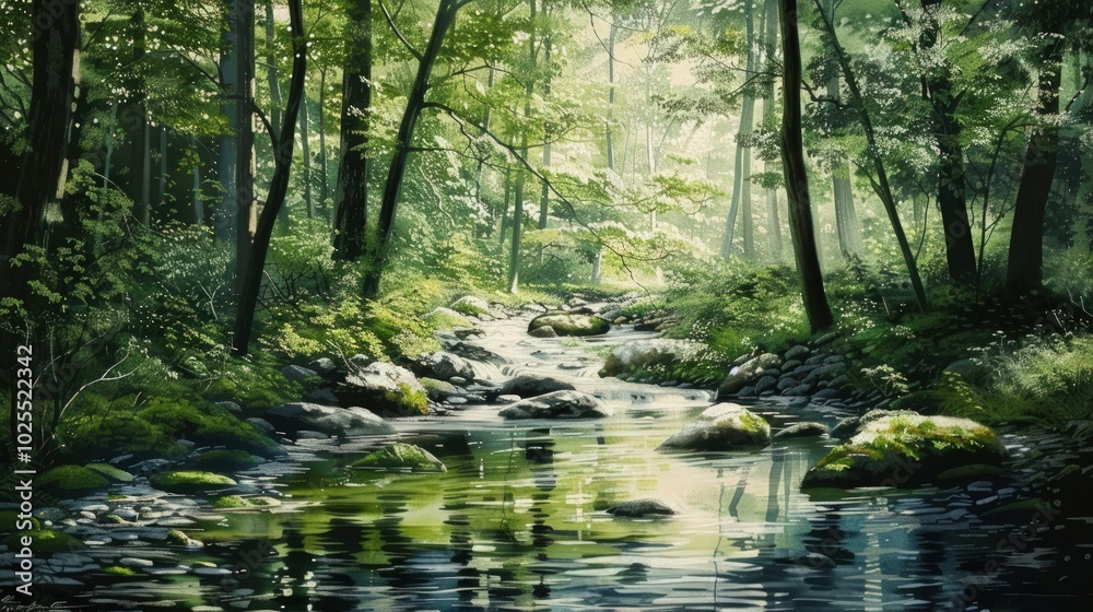 Serene Stream Through a Sun-Dappled Forest Serene Stream Through a Sun-Dappled Forest