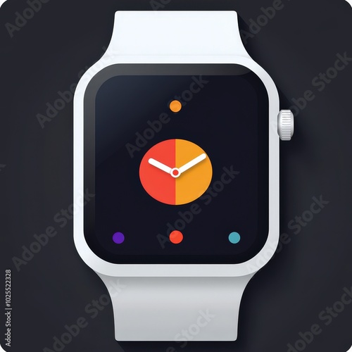 Modern smartwatch with colorful interface displaying time and icons on a dark background. photo