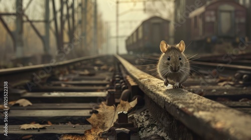 A Mouse Standing on a Railroad Track with a Train Car in the Background photo