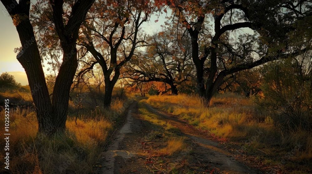 Obraz premium Autumnal Pathway Through a Golden Forest