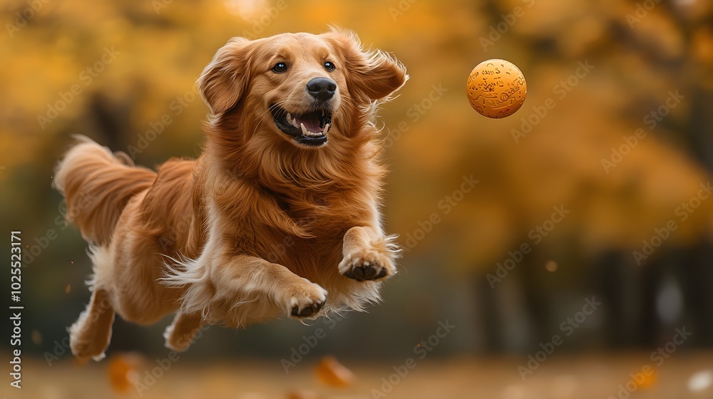 Golden Retriever Catching in Autumnal Field Golden Retriever Catching in Autumnal Field
