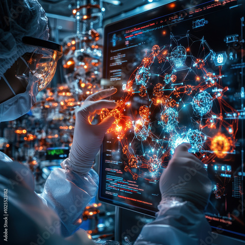 scientist in lab coat interacts with digital touchscreen display, showcasing complex network of data and connections. vibrant colors and intricate details highlight advanced technology and research