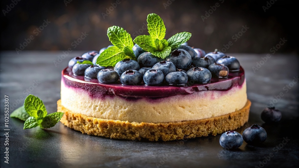 Delicious blueberry cheesecake with crumb crust and mint garnish on dark background for dessert menus low angle Delicious blueberry cheesecake with crumb crust and mint garnish on dark background for dessert menus low angle