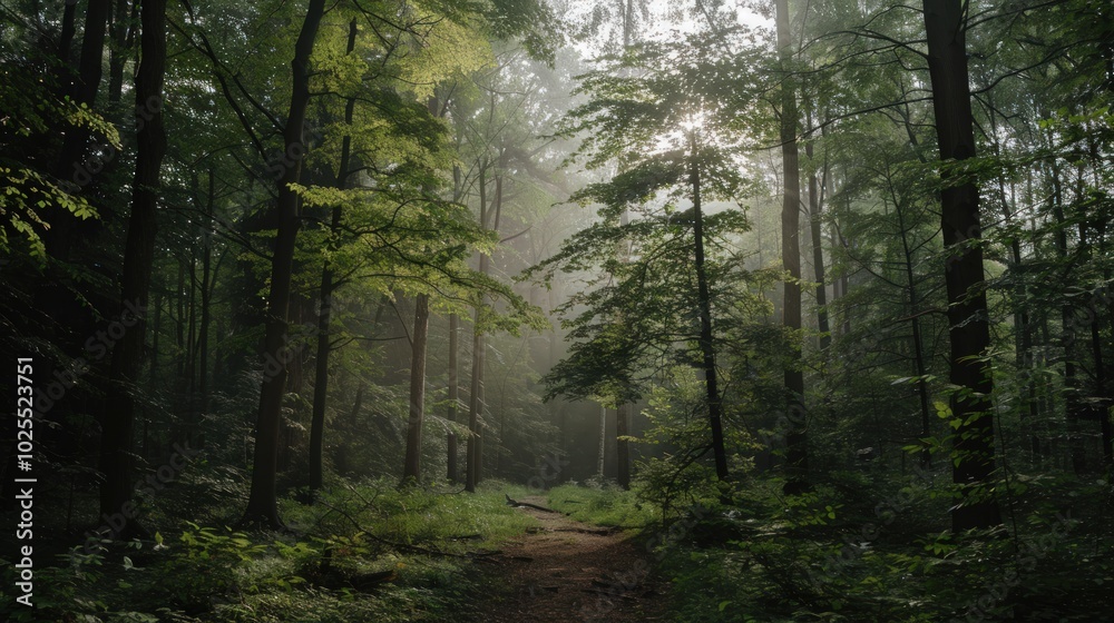Fototapeta premium Sunbeams Through Foggy Forest