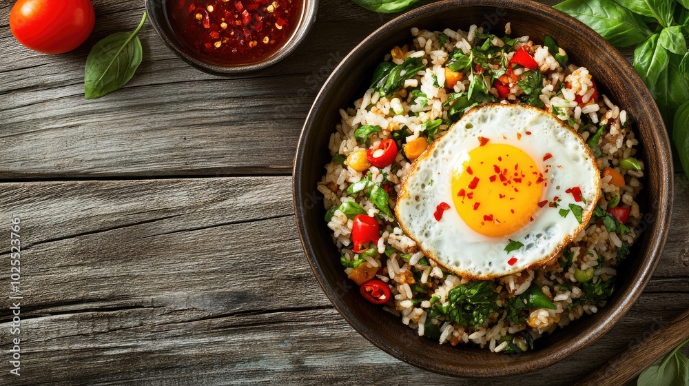 Delicious Rice Bowl with Egg and Fresh Vegetables Delicious Rice Bowl with Egg and Fresh Vegetables