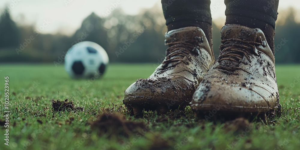 Fototapeta premium Close up of football boots with mud on them, generative AI