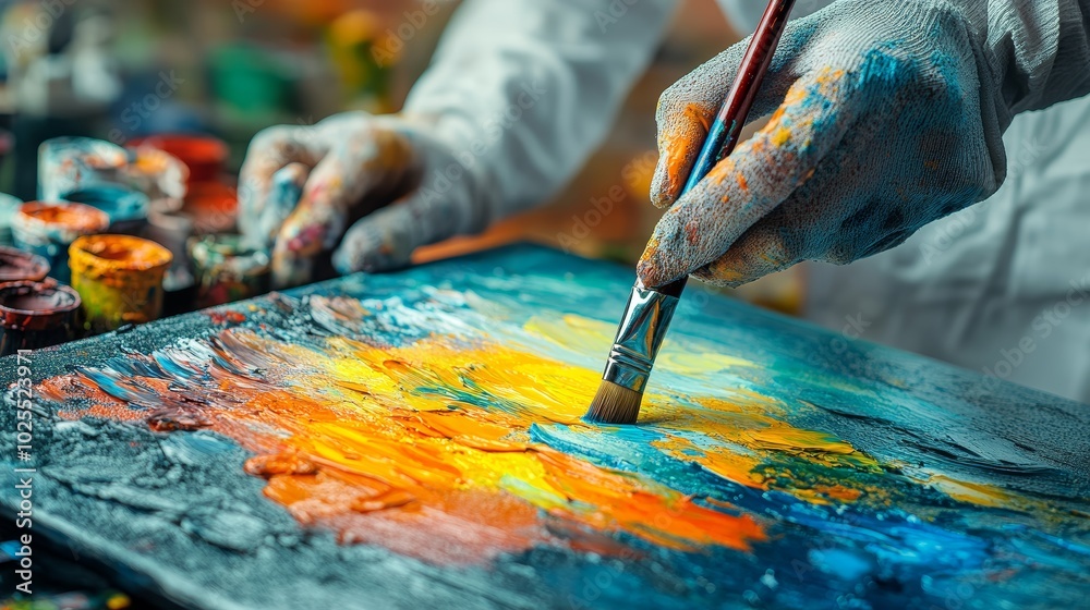 Artist Painting Abstract Canvas with Colorful Brushstrokes Artist Painting Abstract Canvas with Colorful Brushstrokes
