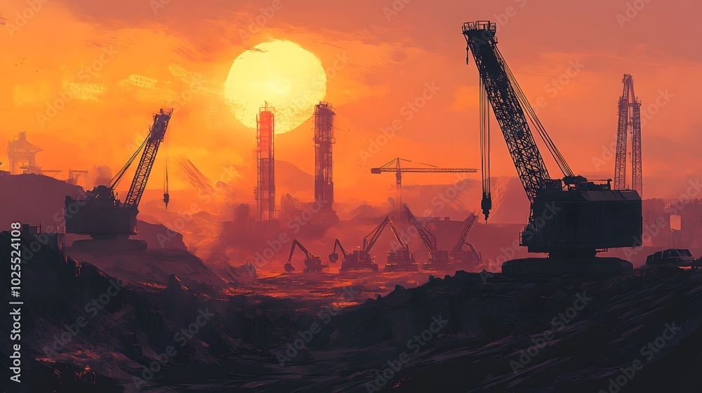 Silhouetted Construction Cranes Against an Orange Sunset Silhouetted Construction Cranes Against an Orange Sunset