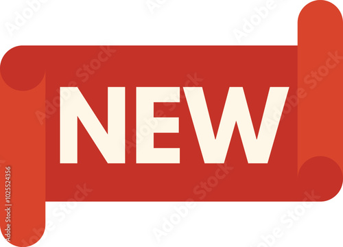 Simple red ribbon banner stating new with rolled edges, perfect for emphasizing a new product or service