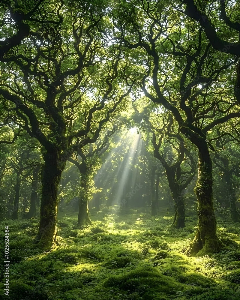 Obraz premium Sunlight streams through the branches of a lush forest, creating a magical atmosphere.
