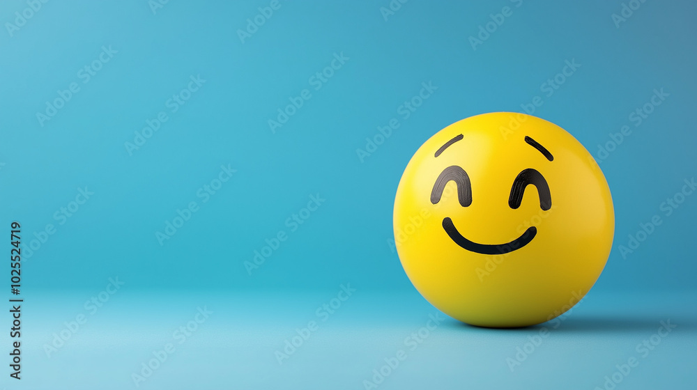 Fototapeta premium A bright yellow smiley face on a blue background serves as a representation of positive mental health and emotional well-being support, inspiring cheerfulness, copy space