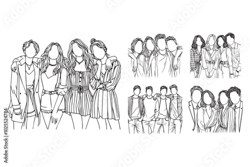 Line art photo showcasing the bond of four best friends in monochrome
