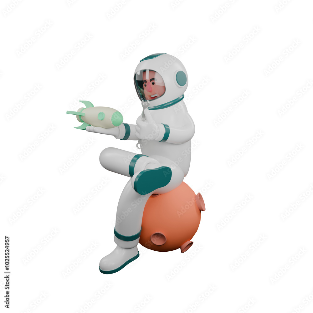 Fototapeta premium Professional 3D Space. A male astronaut sits on a miniature moon holding a miniature rocket in his right hand and holding a ring wrench in his left hand. Male