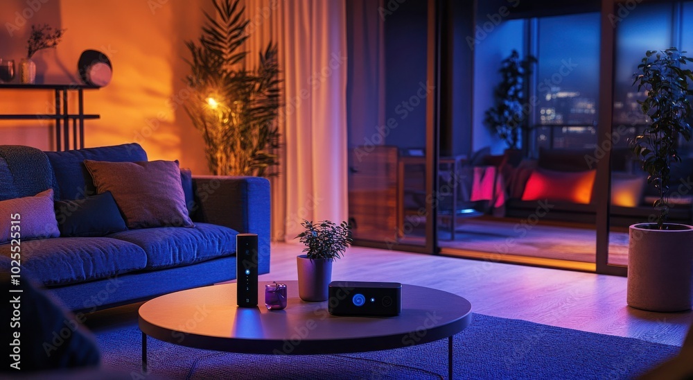 Modern living room with smart speakers and ambient lighting. Modern living room with smart speakers and ambient lighting.