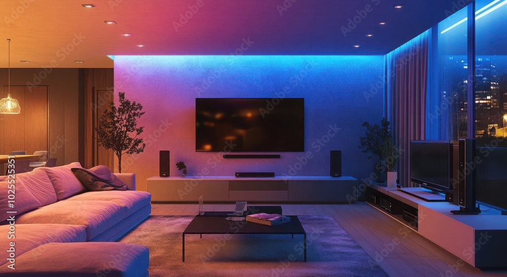 Modern living room with vibrant LED lighting and a cityscape view. Modern living room with vibrant LED lighting and a cityscape view.