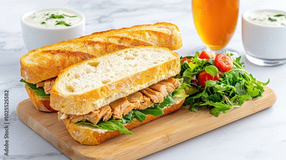 Exquisite Gourmet Tuna Sandwiches on Artisan Bread with Fresh Salad on Stylish Wooden Platter Exquisite Gourmet Tuna Sandwiches on Artisan Bread with Fresh Salad on Stylish Wooden Platter
