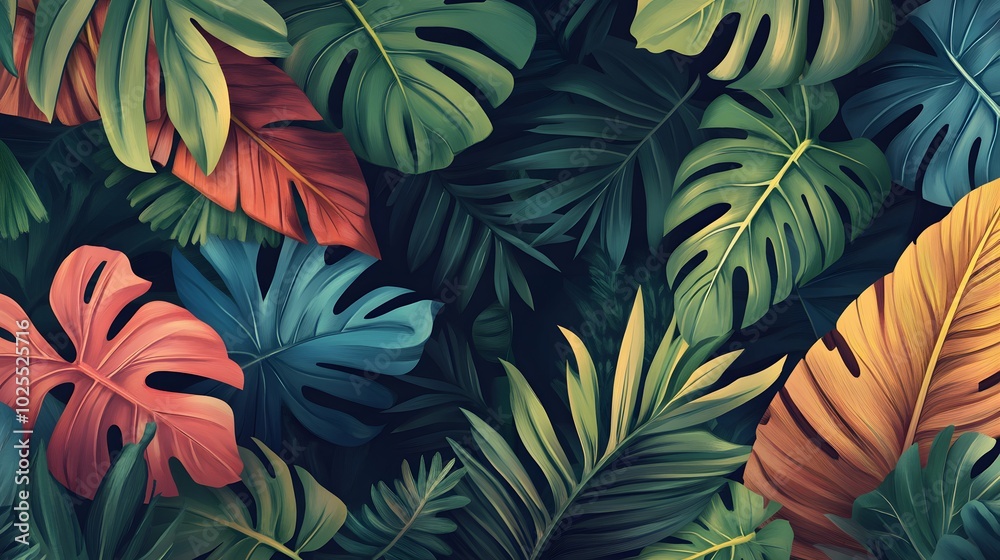 A Close-Up View of Vibrant Tropical Leaves in Various Shades of Green, Red, and Yellow A Close-Up View of Vibrant Tropical Leaves in Various Shades of Green, Red, and Yellow
