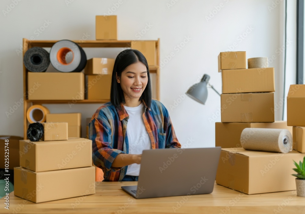 Happy Woman Working on Laptop in Home Office Surrounded by Cardboard Boxes Happy Woman Working on Laptop in Home Office Surrounded by Cardboard Boxes